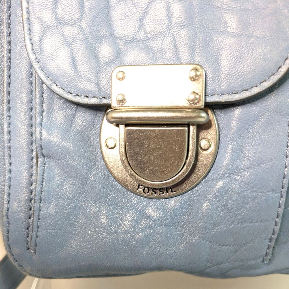 Fossil Riley Slate Blue Leather Crossbody Bag Silver Hardware Push Lock Cargo - Picture 2 of 16
